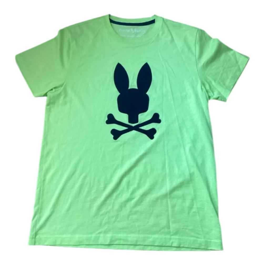 PSYCHO BUNNY Men’s Designer Fuzy Flocking Graphic Logo TShirt Lime Glow SZ Large